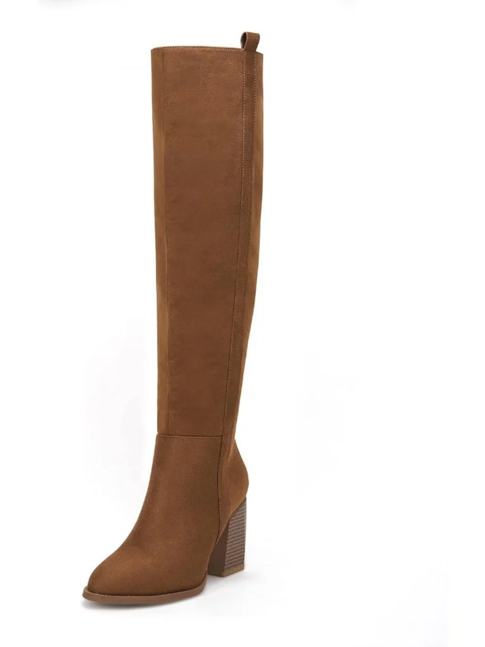 Women's Brown Faux Suede Side Zipper Chunky Heel Stretch Over The Knee Boots